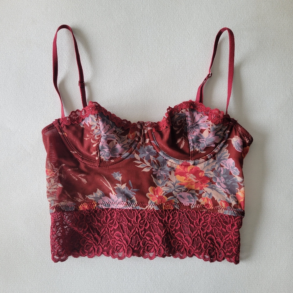 NWT Out From Under Urban Outfitters Burgundy Floral Lace-Trim Mesh Corset Top